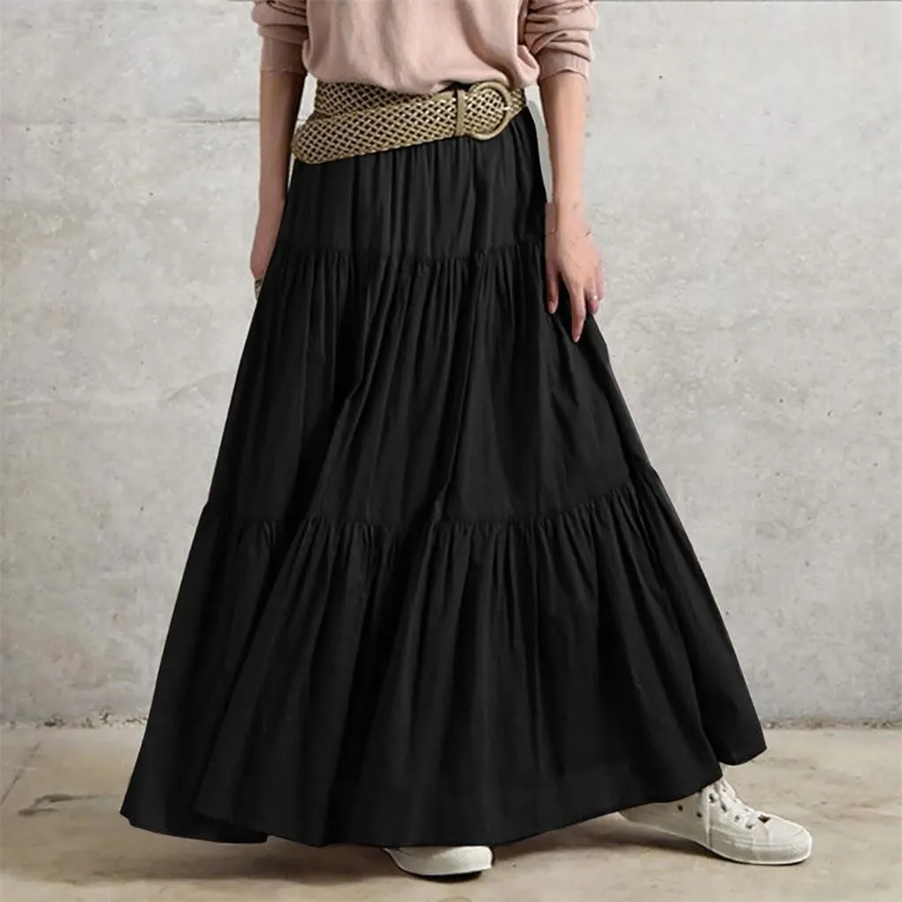 Womens High Waist A Line Flowy Maxi Skirts Bohemian Swing Beach Skirt Layered Ruffle Pleated Long Dress