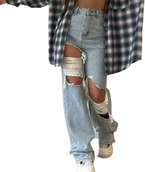 Women's High Waist Jeans Y2K Fashion Wide Leg Straight Leg Jeans Loose Stitched Lace Jeans Ripped Streetwear