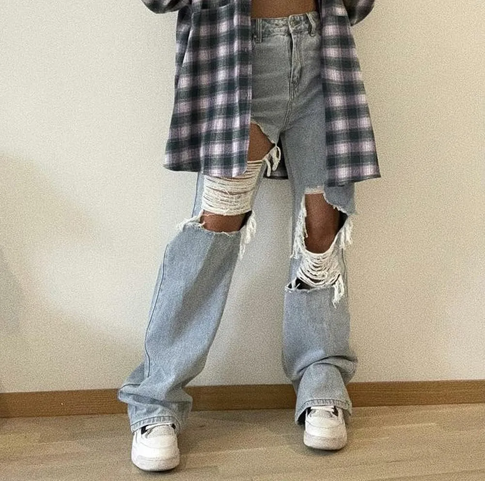 Women's High Waist Jeans Y2K Fashion Wide Leg Straight Leg Jeans Loose Stitched Lace Jeans Ripped Streetwear