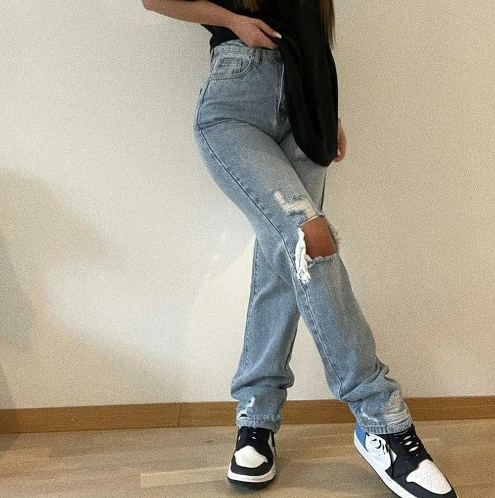 Women's High Waist Jeans Y2K Fashion Wide Leg Straight Leg Jeans Loose Stitched Lace Jeans Ripped Streetwear