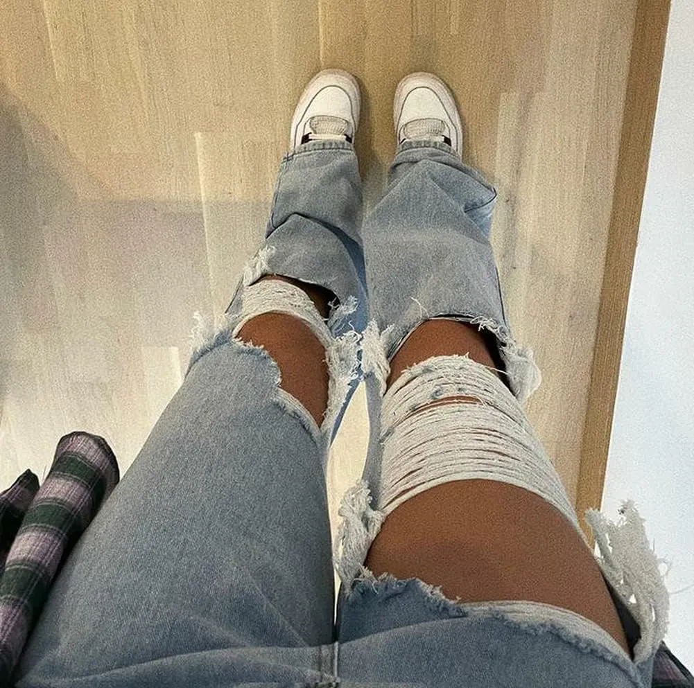 Women's High Waist Jeans Y2K Fashion Wide Leg Straight Leg Jeans Loose Stitched Lace Jeans Ripped Streetwear