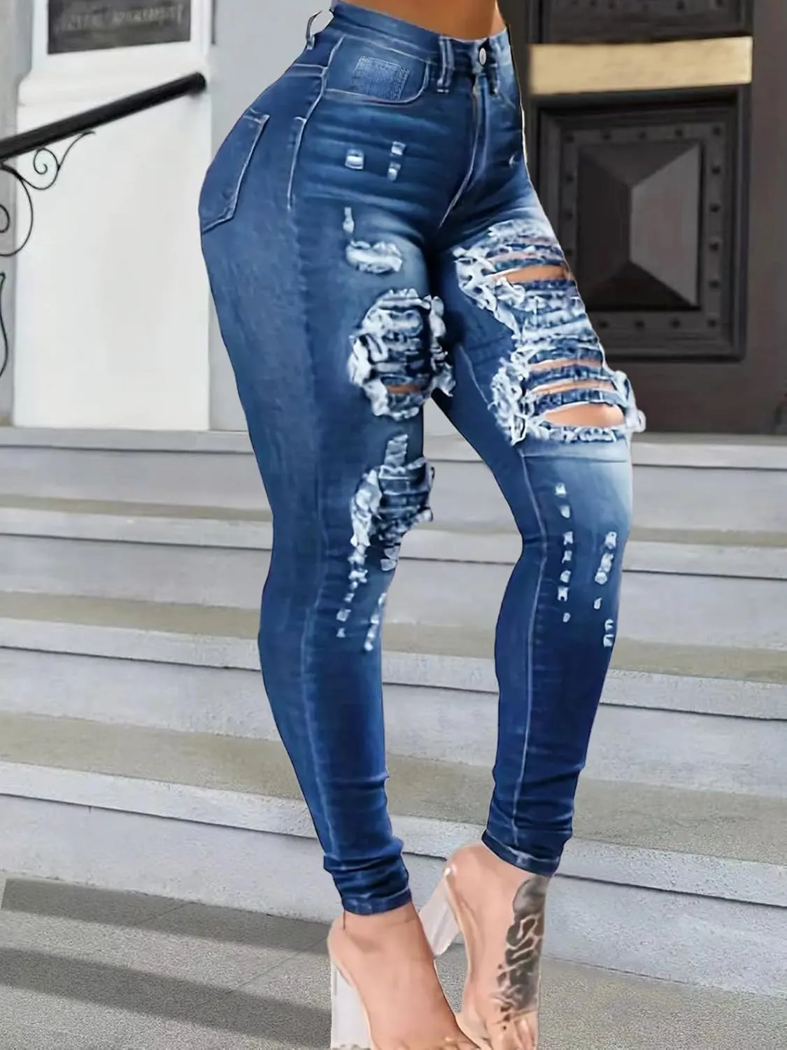 Women's High Waist Skinny Ripped Jeans Destroyed Stretch Pencil Denim Jeans