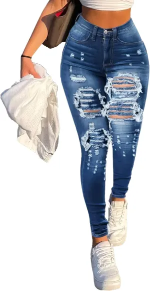Women's High Waist Skinny Ripped Jeans Destroyed Stretch Pencil Denim Jeans