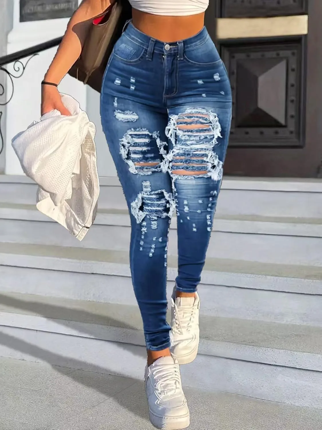 Women's High Waist Skinny Ripped Jeans Destroyed Stretch Pencil Denim Jeans