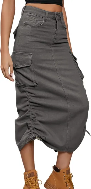 Womens High Waisted Cargo Midi Skirt Drawstring Shirred Y2k Harajuku Skirt with Pockets