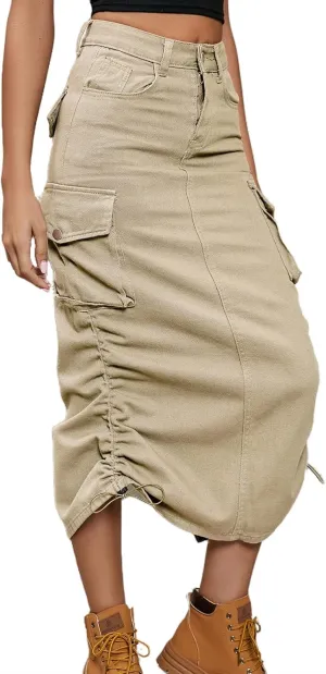 Womens High Waisted Cargo Midi Skirt Drawstring Shirred Y2k Harajuku Skirt with Pockets