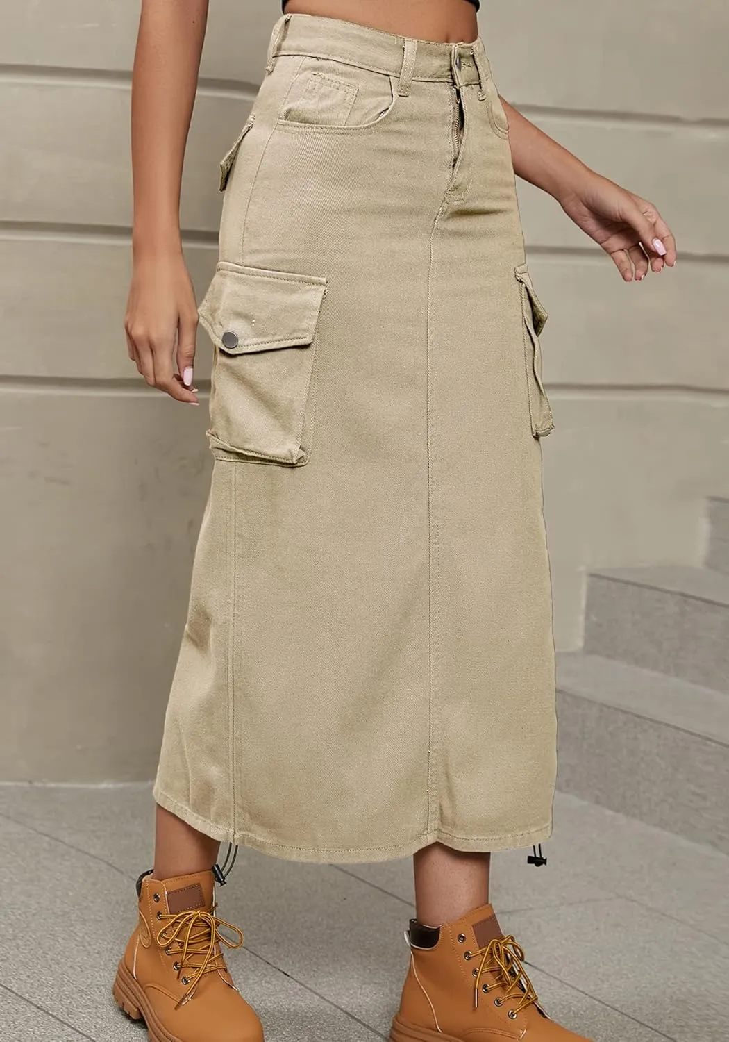 Womens High Waisted Cargo Midi Skirt Drawstring Shirred Y2k Harajuku Skirt with Pockets