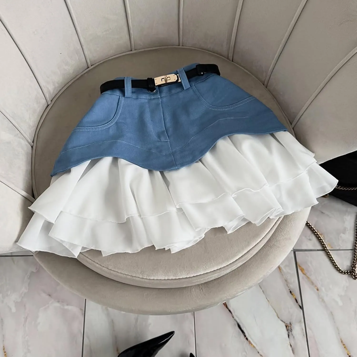Women's High Waisted Pleated Mini Skirt 2025 Summer Color Block Tiered Layer Ruffle Hem Skirts Y2k Streetwear