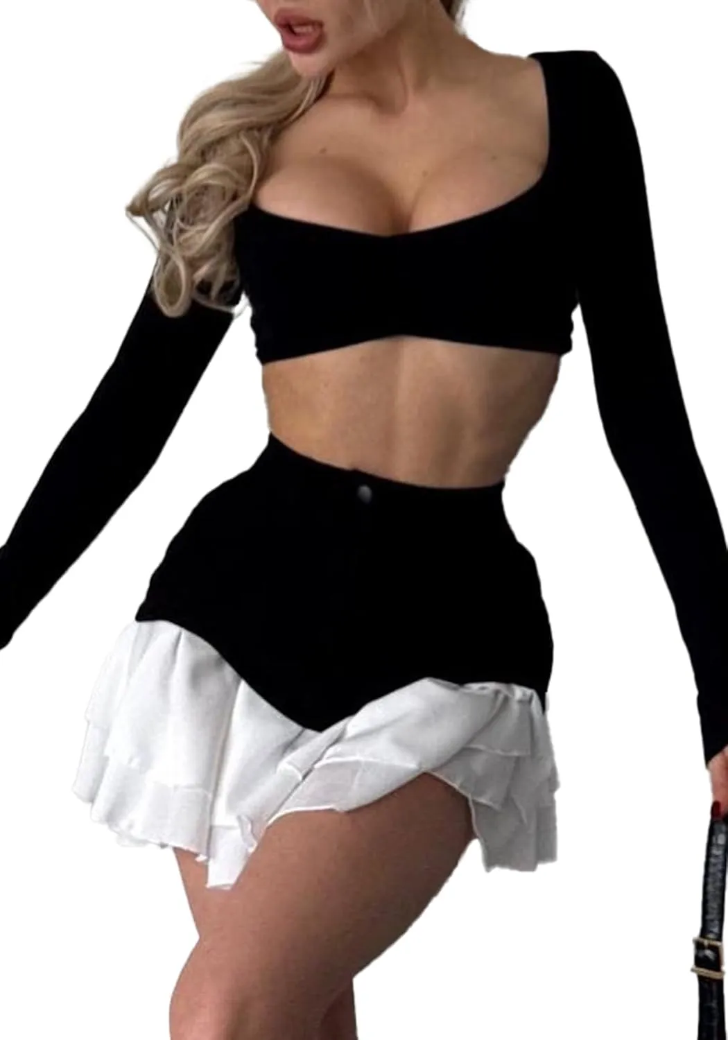 Women's High Waisted Pleated Mini Skirt 2025 Summer Color Block Tiered Layer Ruffle Hem Skirts Y2k Streetwear
