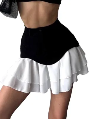 Women's High Waisted Pleated Mini Skirt 2025 Summer Color Block Tiered Layer Ruffle Hem Skirts Y2k Streetwear
