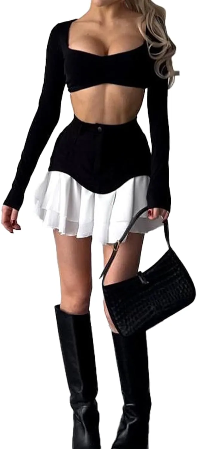Women's High Waisted Pleated Mini Skirt 2025 Summer Color Block Tiered Layer Ruffle Hem Skirts Y2k Streetwear