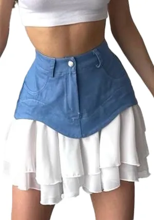 Women's High Waisted Pleated Mini Skirt 2025 Summer Color Block Tiered Layer Ruffle Hem Skirts Y2k Streetwear