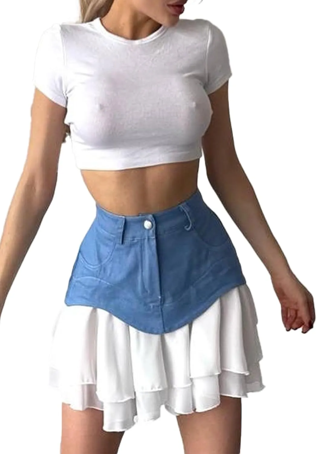 Women's High Waisted Pleated Mini Skirt 2025 Summer Color Block Tiered Layer Ruffle Hem Skirts Y2k Streetwear