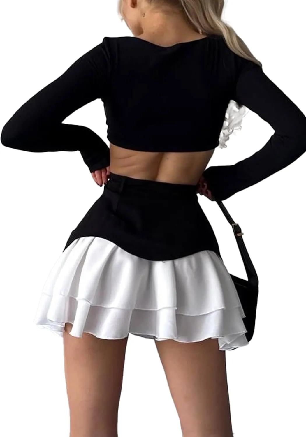 Women's High Waisted Pleated Mini Skirt 2025 Summer Color Block Tiered Layer Ruffle Hem Skirts Y2k Streetwear
