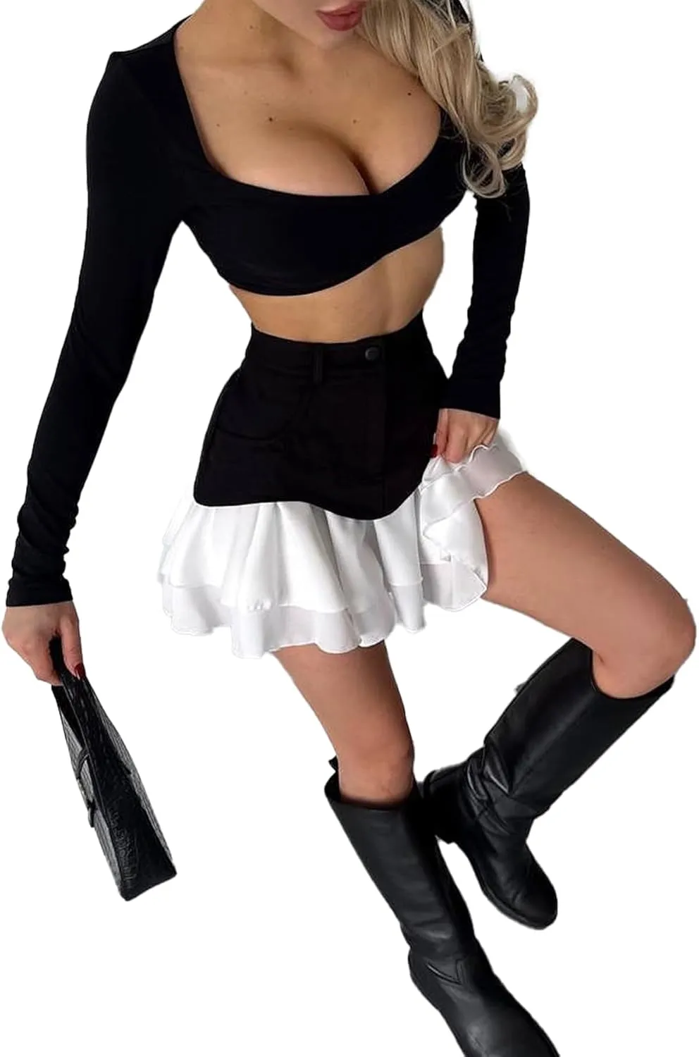 Women's High Waisted Pleated Mini Skirt 2025 Summer Color Block Tiered Layer Ruffle Hem Skirts Y2k Streetwear