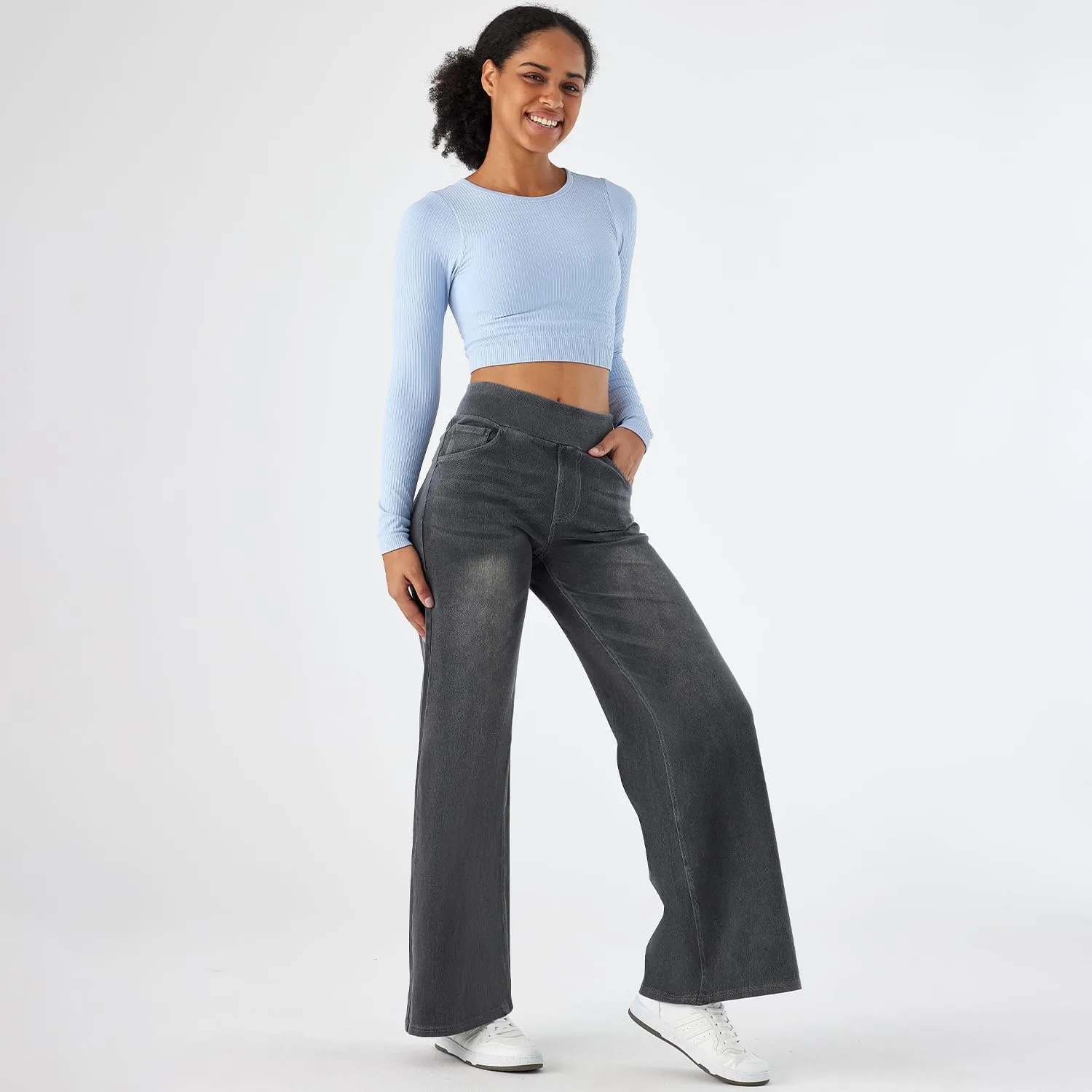Women's High Waisted Wide Leg Jeggings – Stretch Denim Pull On Flare Jeans with Pockets Casual Comfy Pants