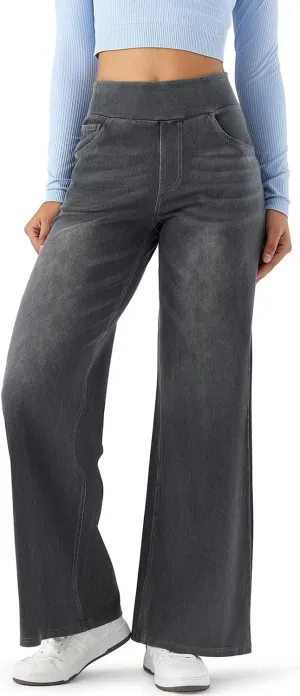 Women's High Waisted Wide Leg Jeggings – Stretch Denim Pull On Flare Jeans with Pockets Casual Comfy Pants