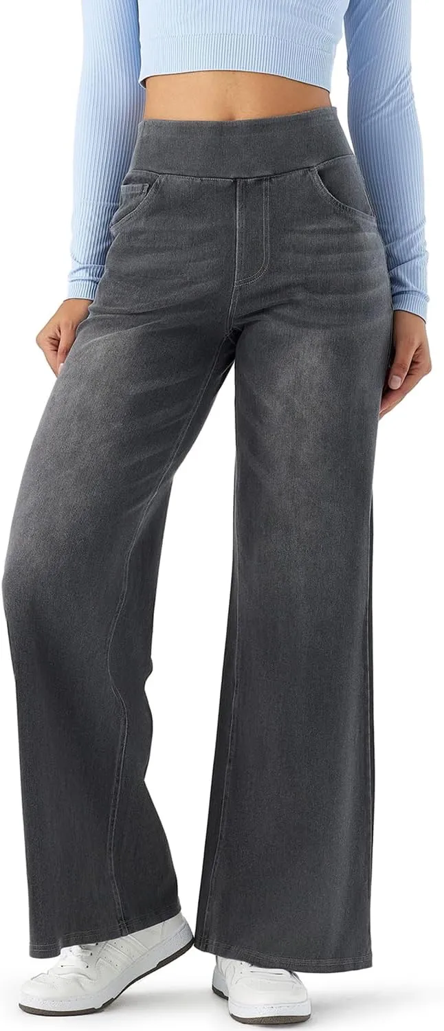 Women's High Waisted Wide Leg Jeggings – Stretch Denim Pull On Flare Jeans with Pockets Casual Comfy Pants