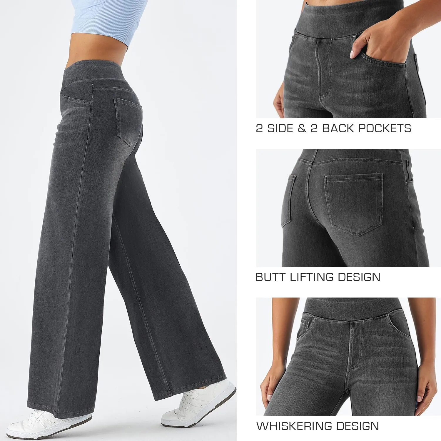 Women's High Waisted Wide Leg Jeggings – Stretch Denim Pull On Flare Jeans with Pockets Casual Comfy Pants