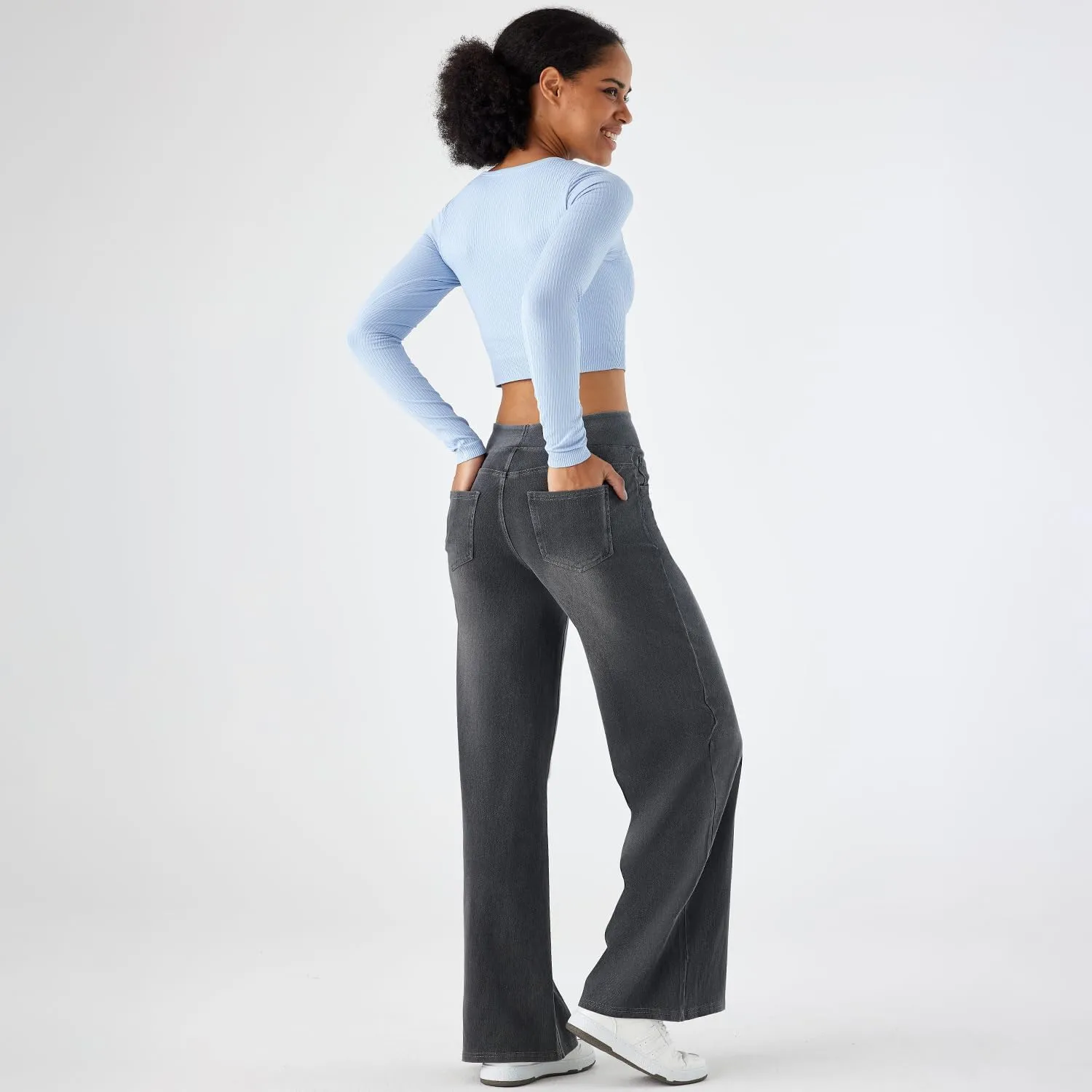 Women's High Waisted Wide Leg Jeggings – Stretch Denim Pull On Flare Jeans with Pockets Casual Comfy Pants