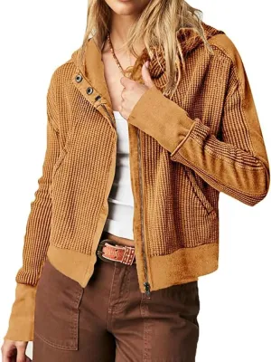 Womens Jackets Waffle Knit Hoodies Zip Up Sweatshirts Long Sleeve Cropped Shacket with Pocket