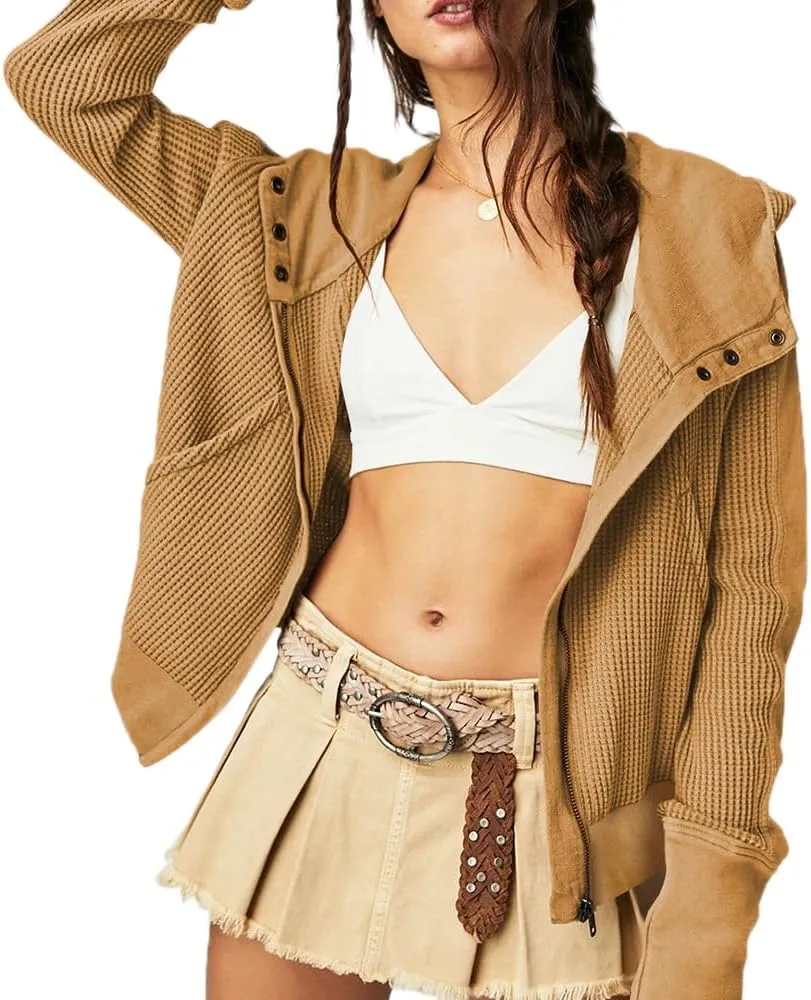 Womens Jackets Waffle Knit Hoodies Zip Up Sweatshirts Long Sleeve Cropped Shacket with Pocket