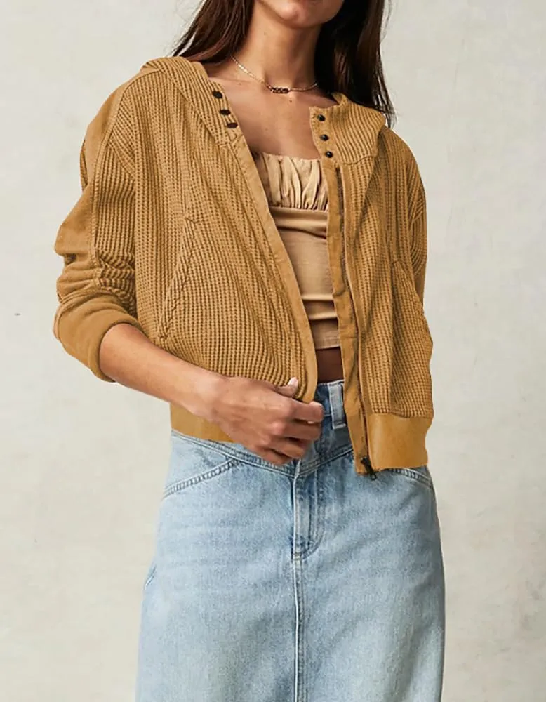 Womens Jackets Waffle Knit Hoodies Zip Up Sweatshirts Long Sleeve Cropped Shacket with Pocket