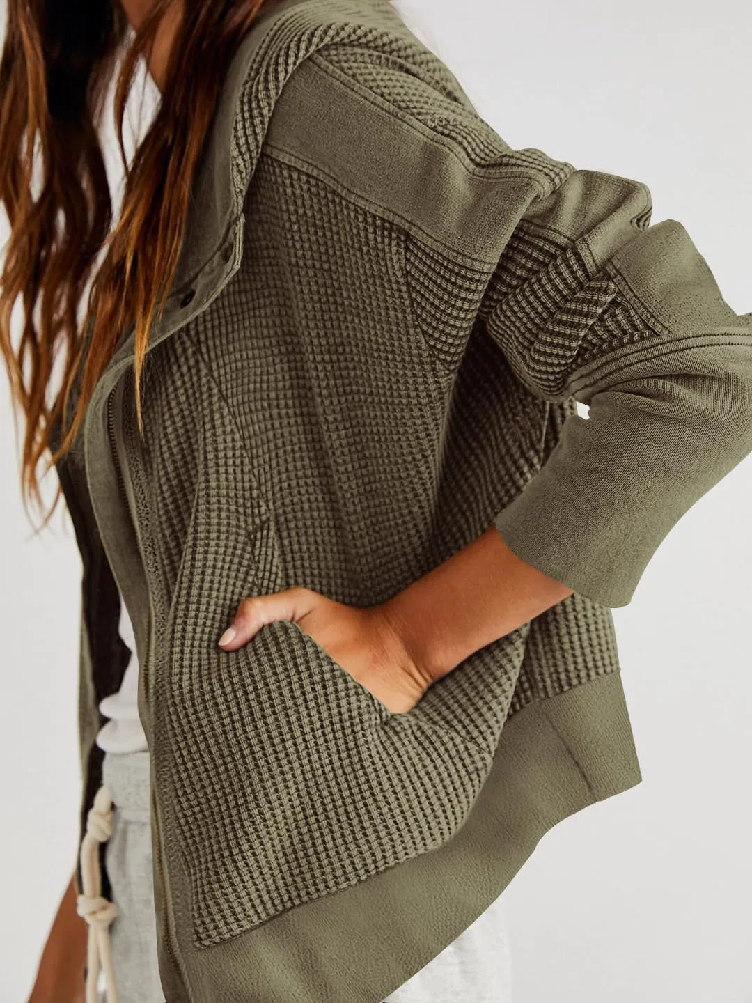 Womens Jackets Waffle Knit Hoodies Zip Up Sweatshirts Long Sleeve Cropped Shacket with Pocket