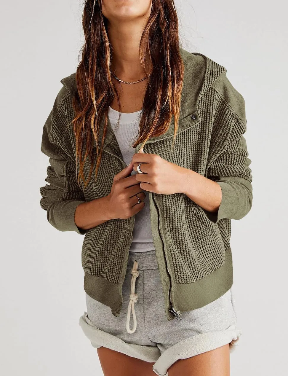 Womens Jackets Waffle Knit Hoodies Zip Up Sweatshirts Long Sleeve Cropped Shacket with Pocket