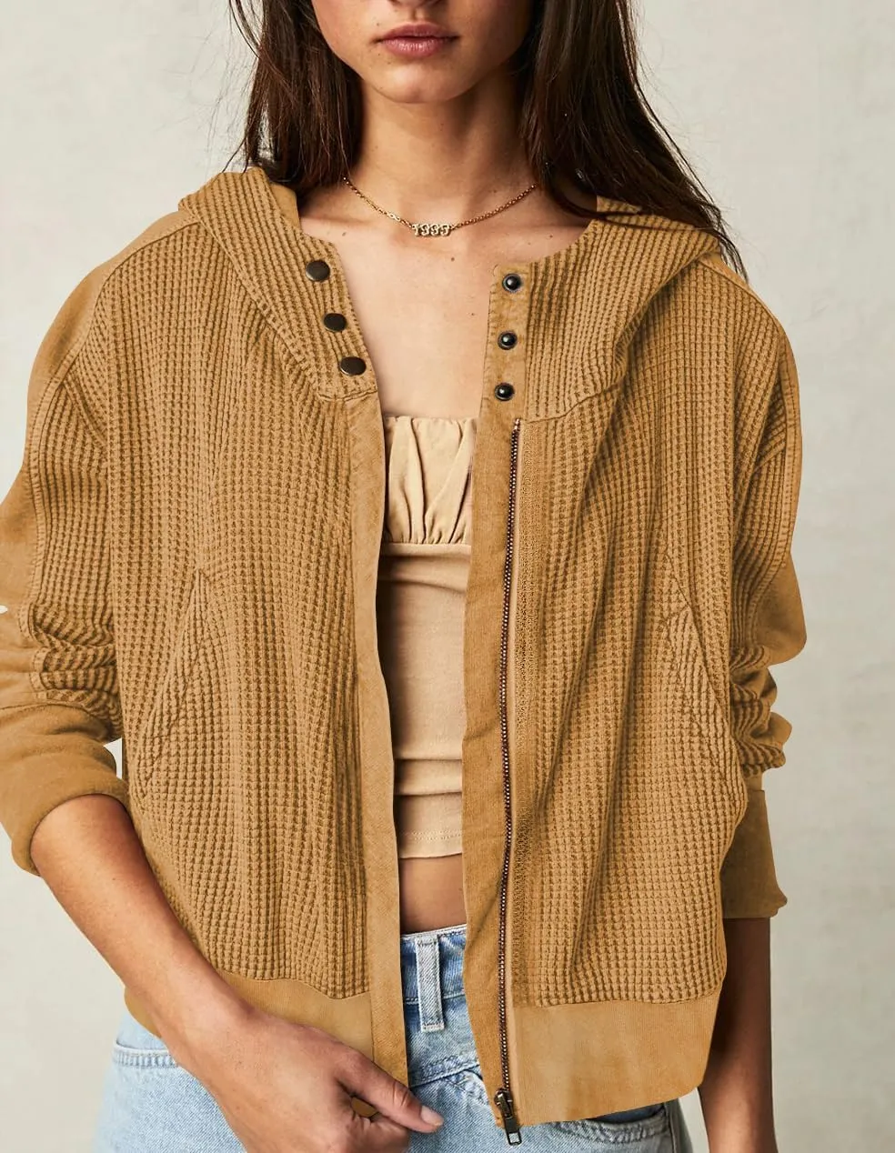 Womens Jackets Waffle Knit Hoodies Zip Up Sweatshirts Long Sleeve Cropped Shacket with Pocket