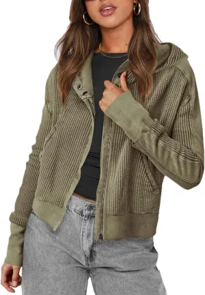 Womens Jackets Waffle Knit Hoodies Zip Up Sweatshirts Long Sleeve Cropped Shacket with Pocket