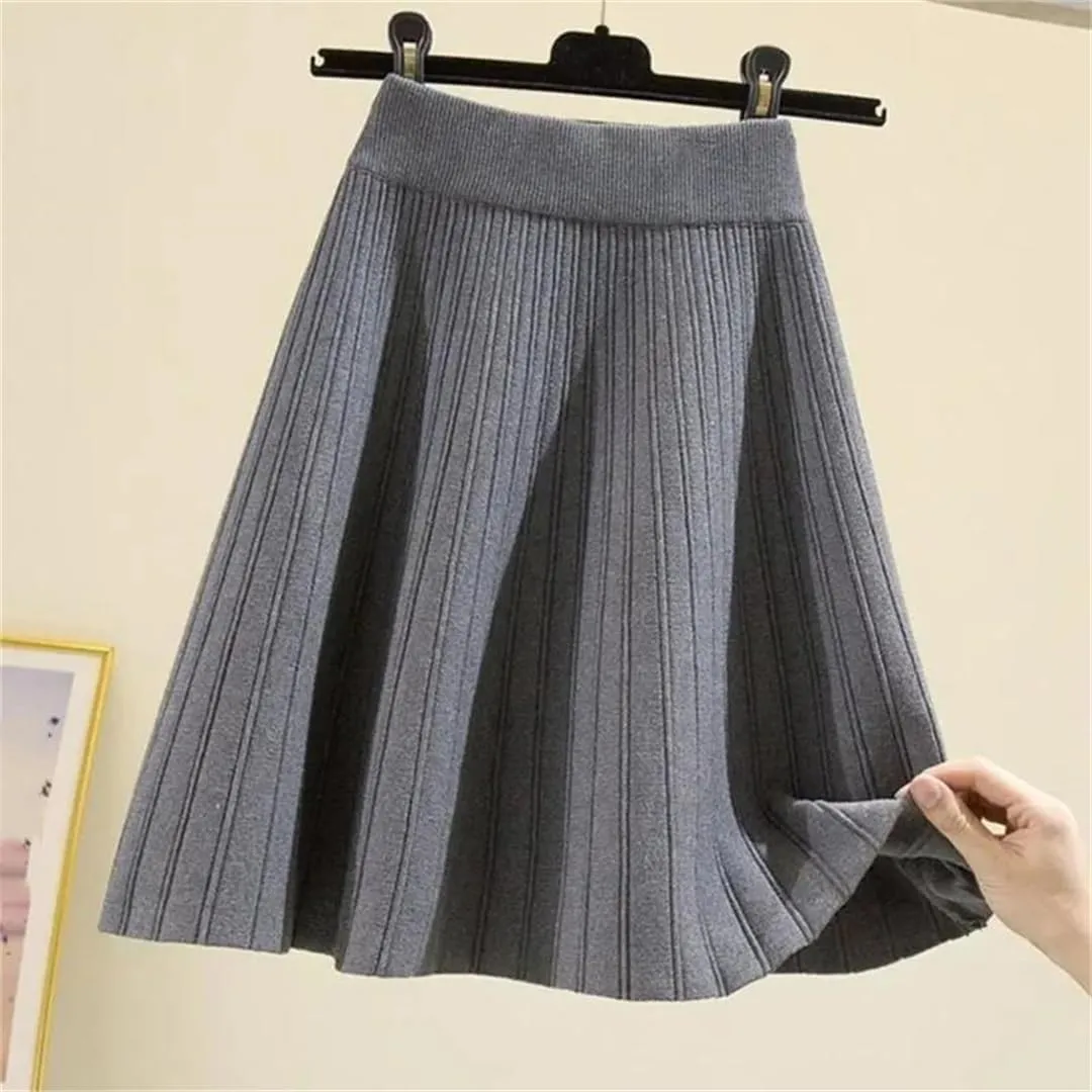 Women's Knitted Skirt Retro Pleated A-Line Stretch High Waist Solid Color Casual Mini Skirts