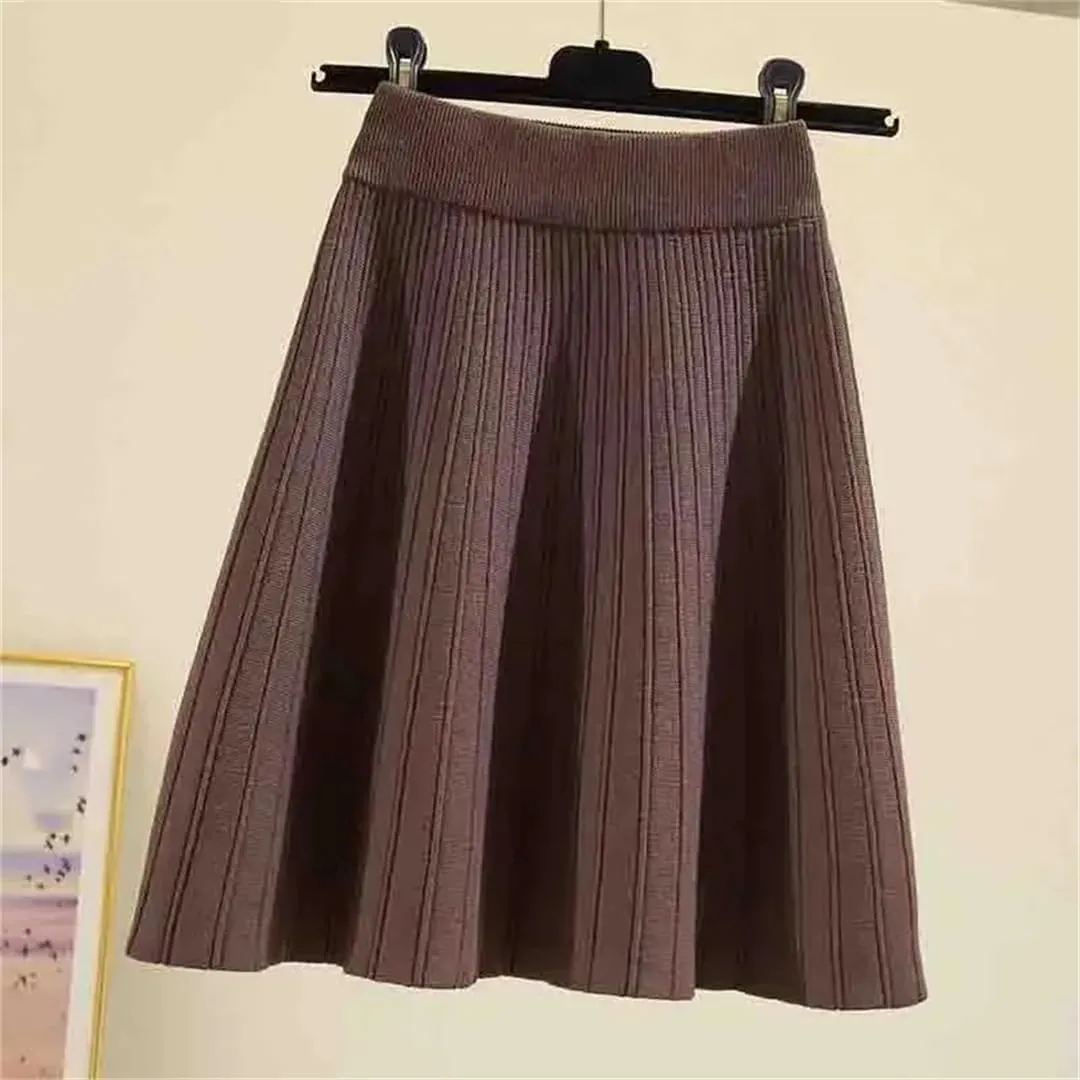Women's Knitted Skirt Retro Pleated A-Line Stretch High Waist Solid Color Casual Mini Skirts