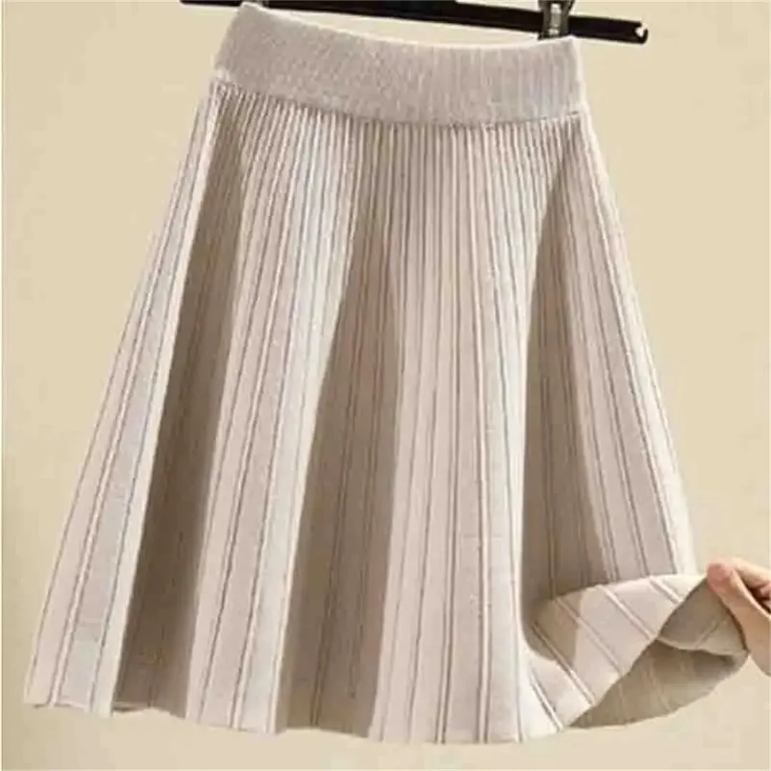 Women's Knitted Skirt Retro Pleated A-Line Stretch High Waist Solid Color Casual Mini Skirts