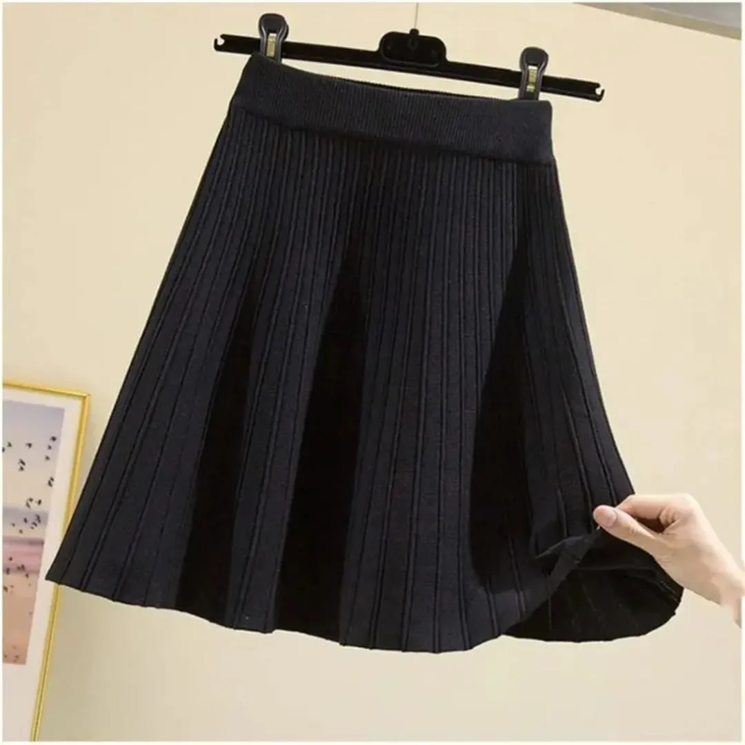 Women's Knitted Skirt Retro Pleated A-Line Stretch High Waist Solid Color Casual Mini Skirts
