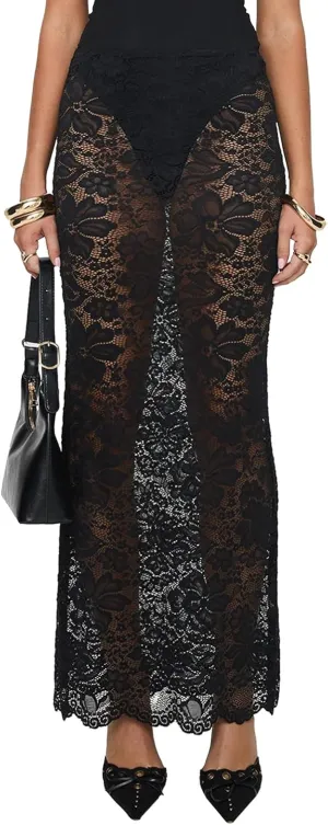 Womens Lace Maxi Skirt Y2k High Waist Sheer Mesh Midi Skirt Sexy See Through Cover Up Long Skirt Streetwear