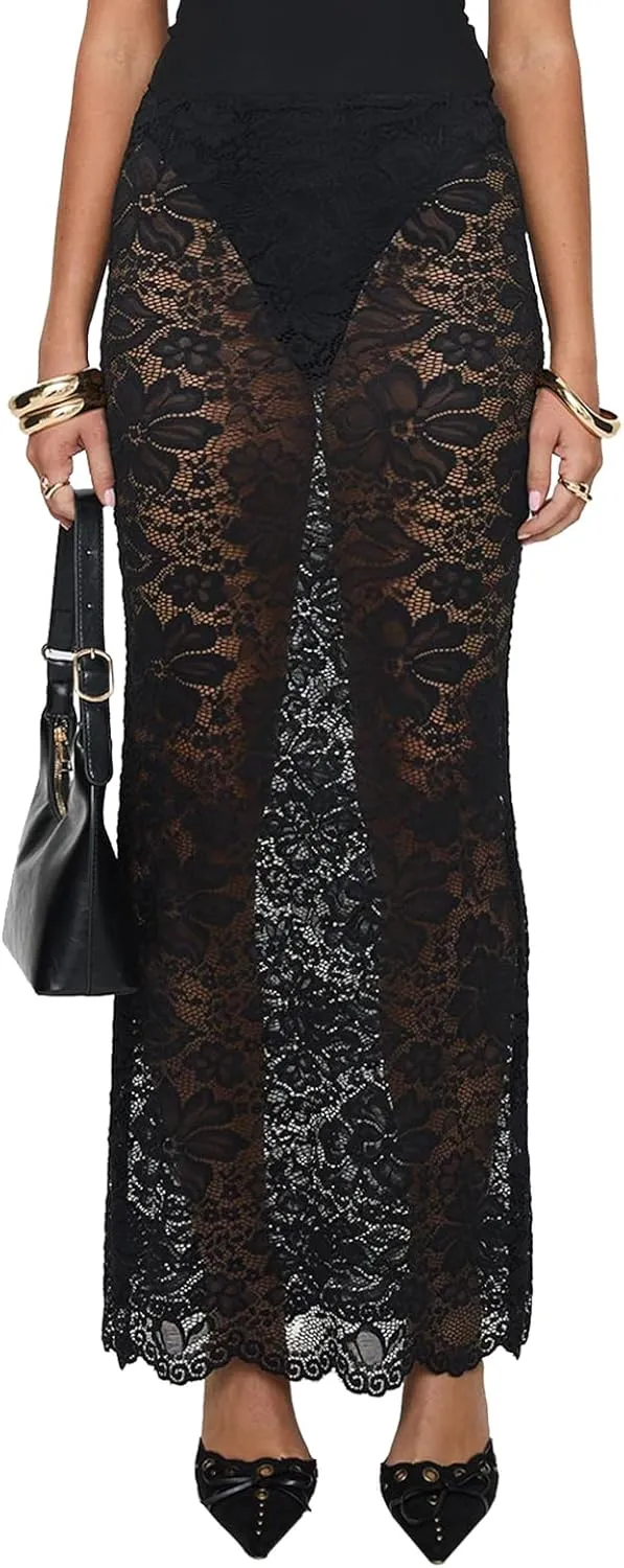 Womens Lace Maxi Skirt Y2k High Waist Sheer Mesh Midi Skirt Sexy See Through Cover Up Long Skirt Streetwear