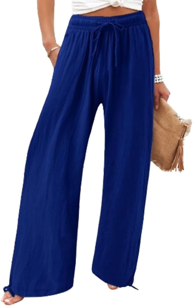 Womens Linen Palazzo Pants Drawstring High Waisted Wide Leg Pants Elastic Casual Loose Flowy Trousers with Pocket