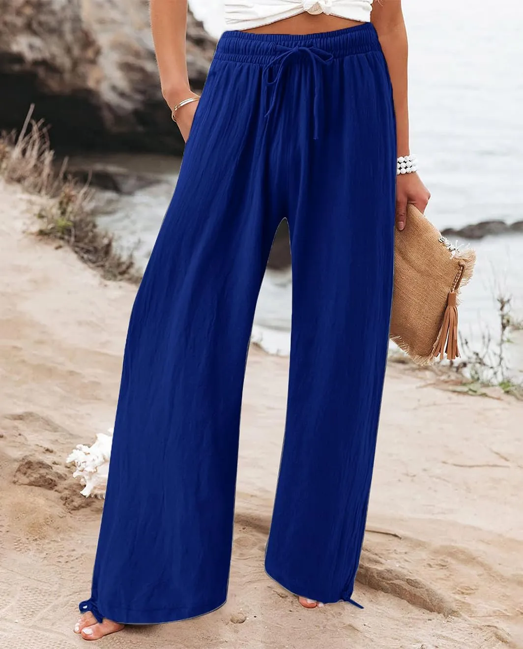 Womens Linen Palazzo Pants Drawstring High Waisted Wide Leg Pants Elastic Casual Loose Flowy Trousers with Pocket