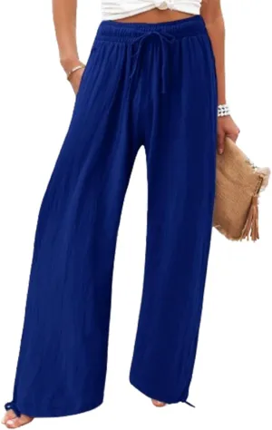 Womens Linen Palazzo Pants Drawstring High Waisted Wide Leg Pants Elastic Casual Loose Flowy Trousers with Pocket