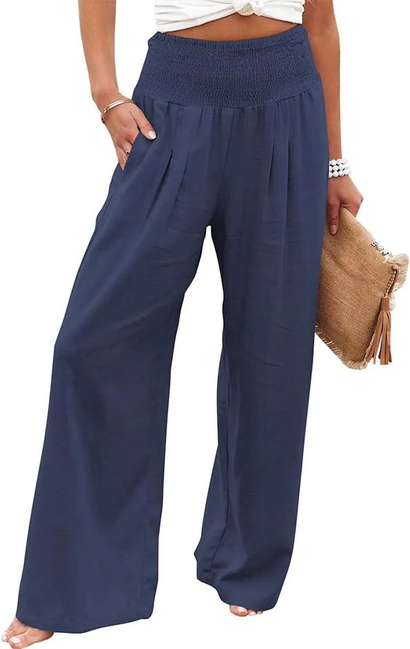 Womens Linen Palazzo Pants Wide Leg Elastic High Waisted Trousers Flowy Loose Long Lounge Comfy Pant with Pocket