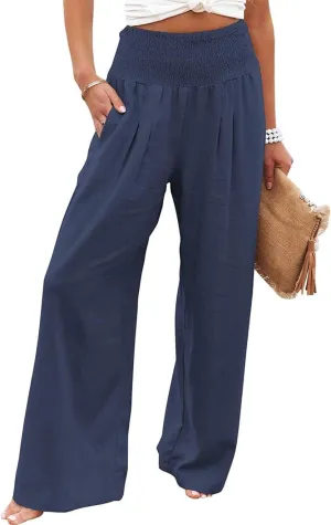 Womens Linen Palazzo Pants Wide Leg Elastic High Waisted Trousers Flowy Loose Long Lounge Comfy Pant with Pocket