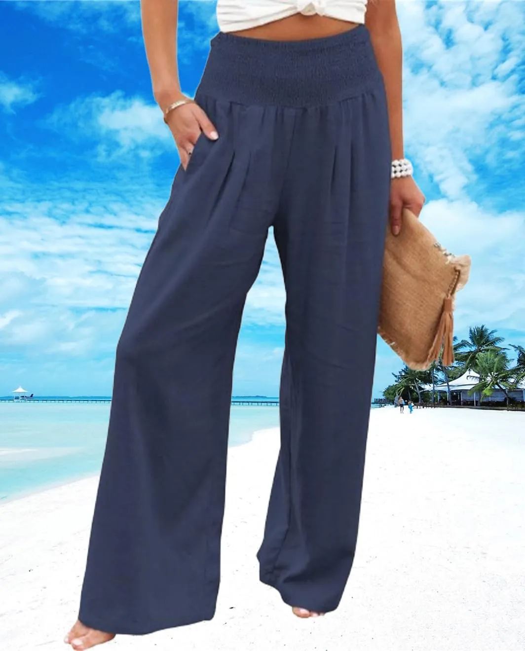 Womens Linen Palazzo Pants Wide Leg Elastic High Waisted Trousers Flowy Loose Long Lounge Comfy Pant with Pocket