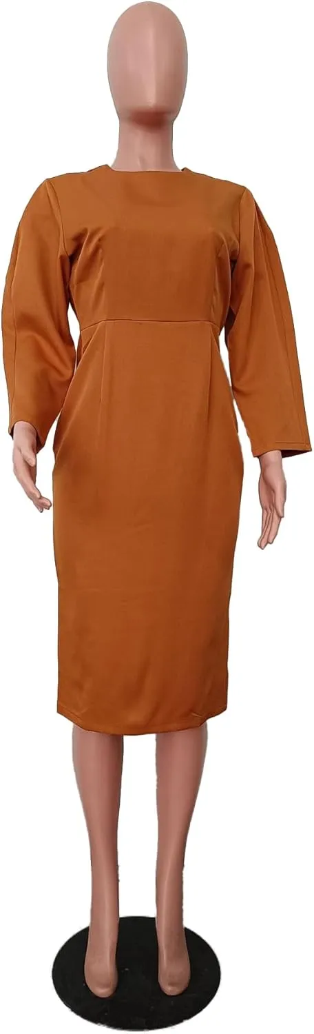Women's Long Sleeve Bodycon Midi Dress Casual Solid Color Crew Neck Wrap Back Slit Cocktail Party Pencil Dresses