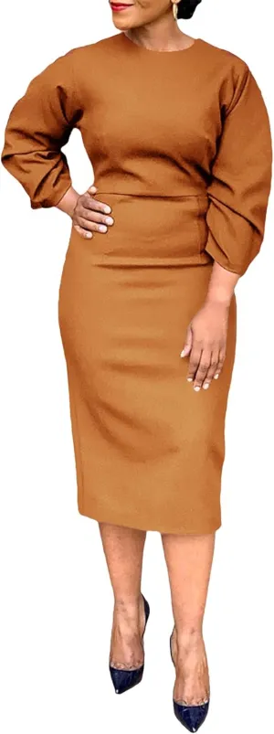Women's Long Sleeve Bodycon Midi Dress Casual Solid Color Crew Neck Wrap Back Slit Cocktail Party Pencil Dresses