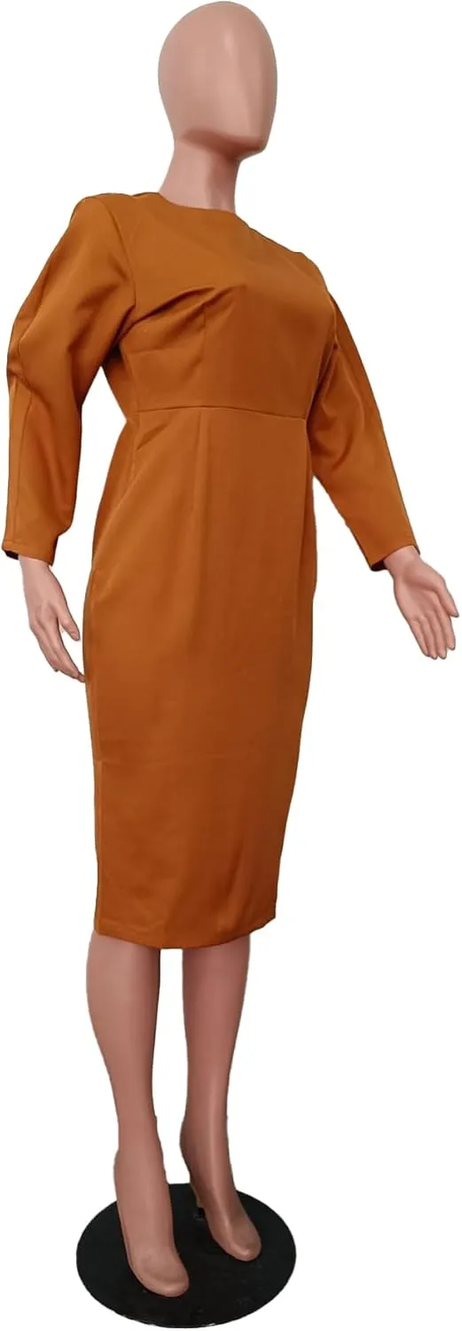 Women's Long Sleeve Bodycon Midi Dress Casual Solid Color Crew Neck Wrap Back Slit Cocktail Party Pencil Dresses