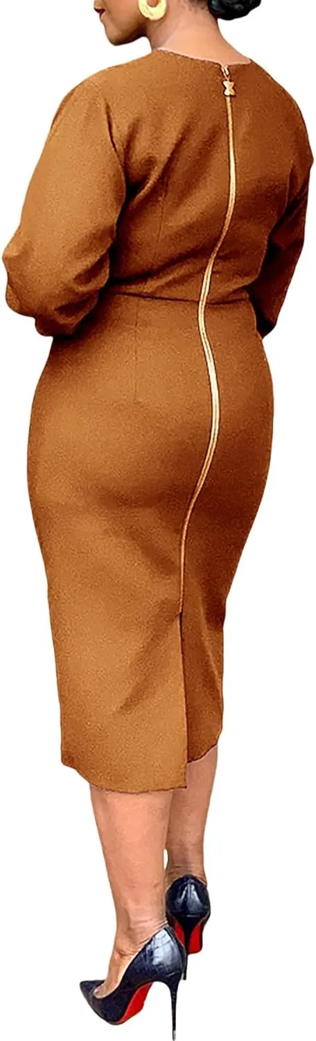 Women's Long Sleeve Bodycon Midi Dress Casual Solid Color Crew Neck Wrap Back Slit Cocktail Party Pencil Dresses
