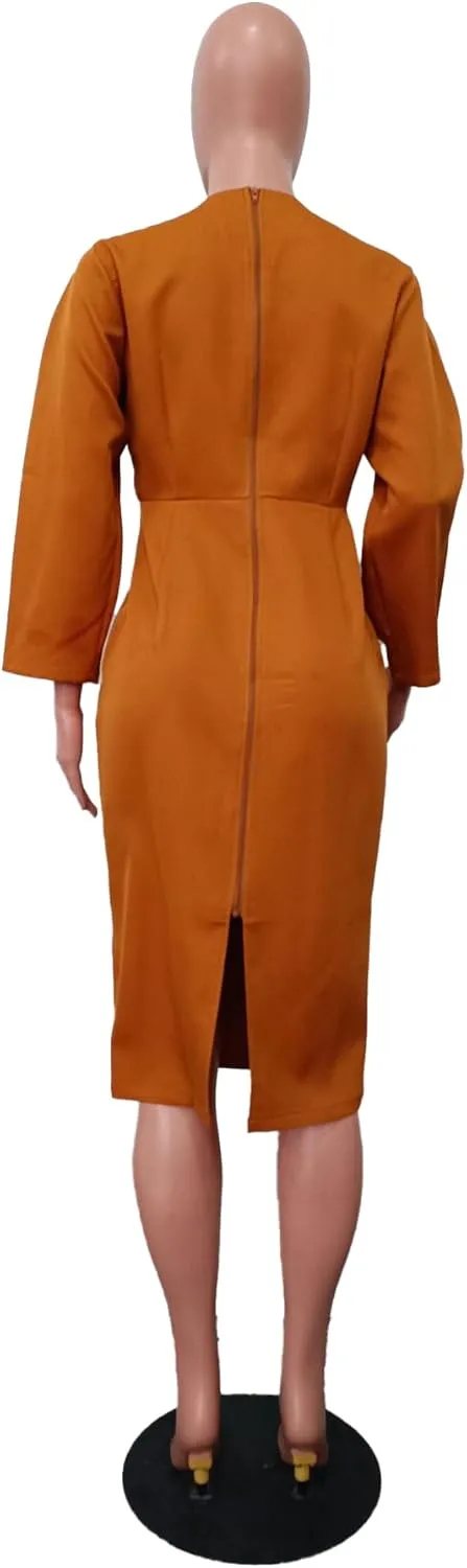 Women's Long Sleeve Bodycon Midi Dress Casual Solid Color Crew Neck Wrap Back Slit Cocktail Party Pencil Dresses