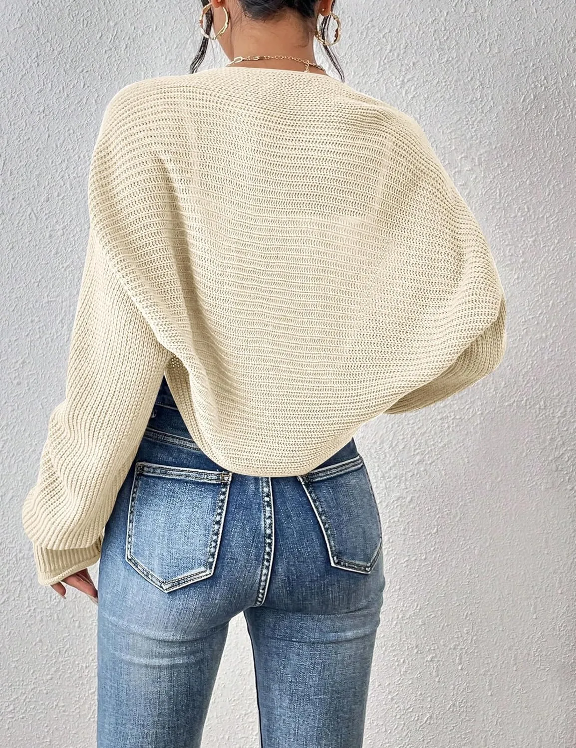 Women's Long Sleeve Open Front Knit Cropped Cardigan Sweaters Casual Solid Spring Summer Short Shrugs Sweater Coats