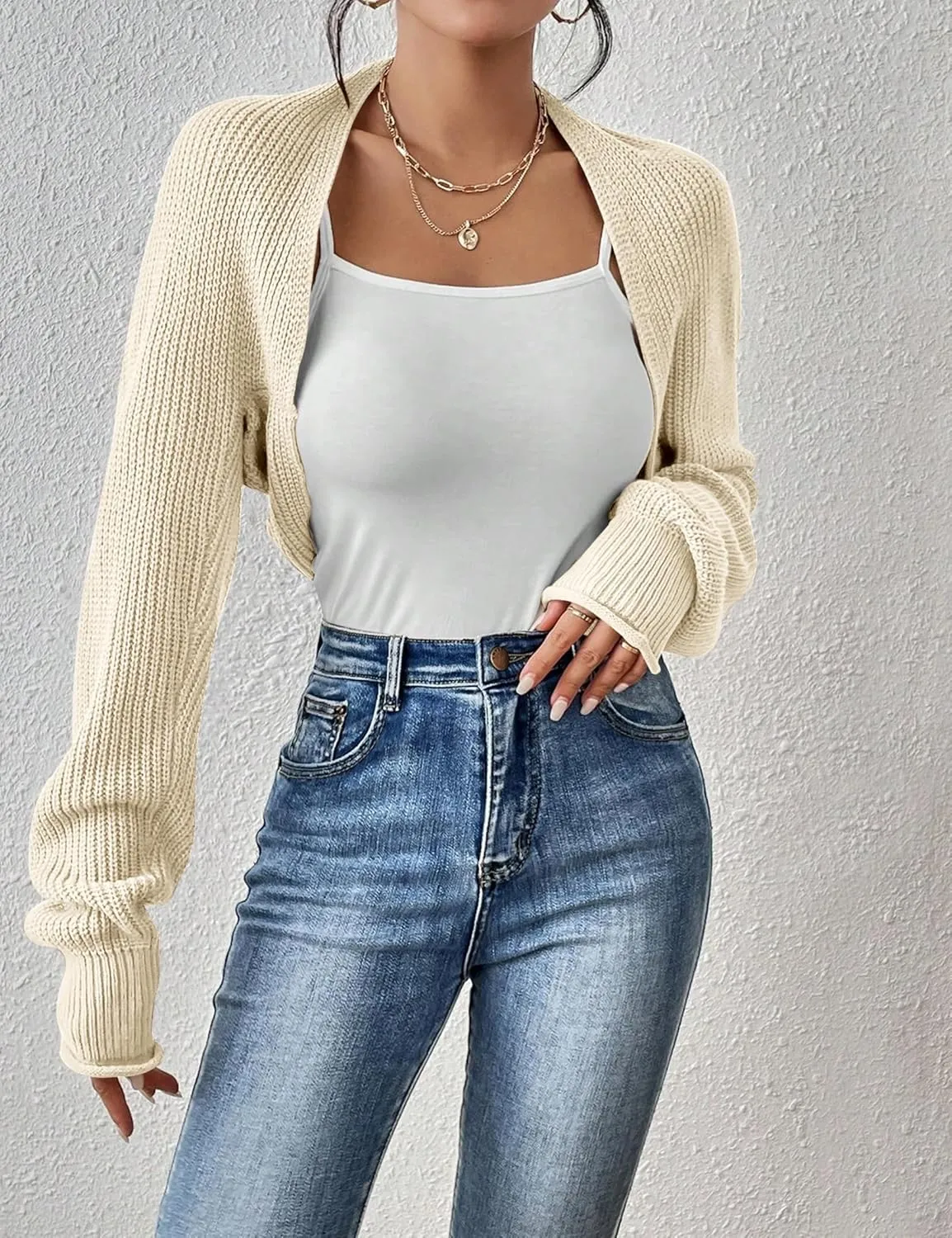 Women's Long Sleeve Open Front Knit Cropped Cardigan Sweaters Casual Solid Spring Summer Short Shrugs Sweater Coats